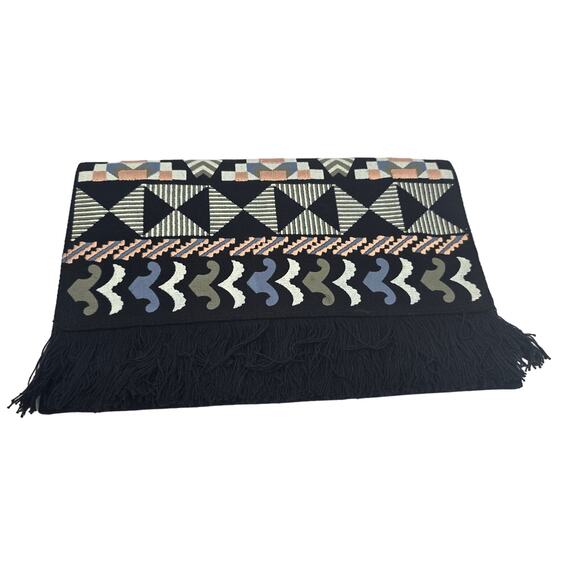 Stella & Dot New Aztec Embroidered Fringed Clutch Bag Boho Black Geometric - Picture 1 of 7
